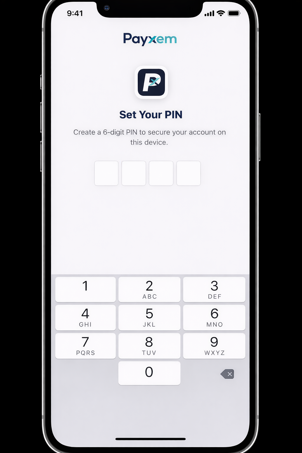 Payxem set PIN screen for secure quick access
